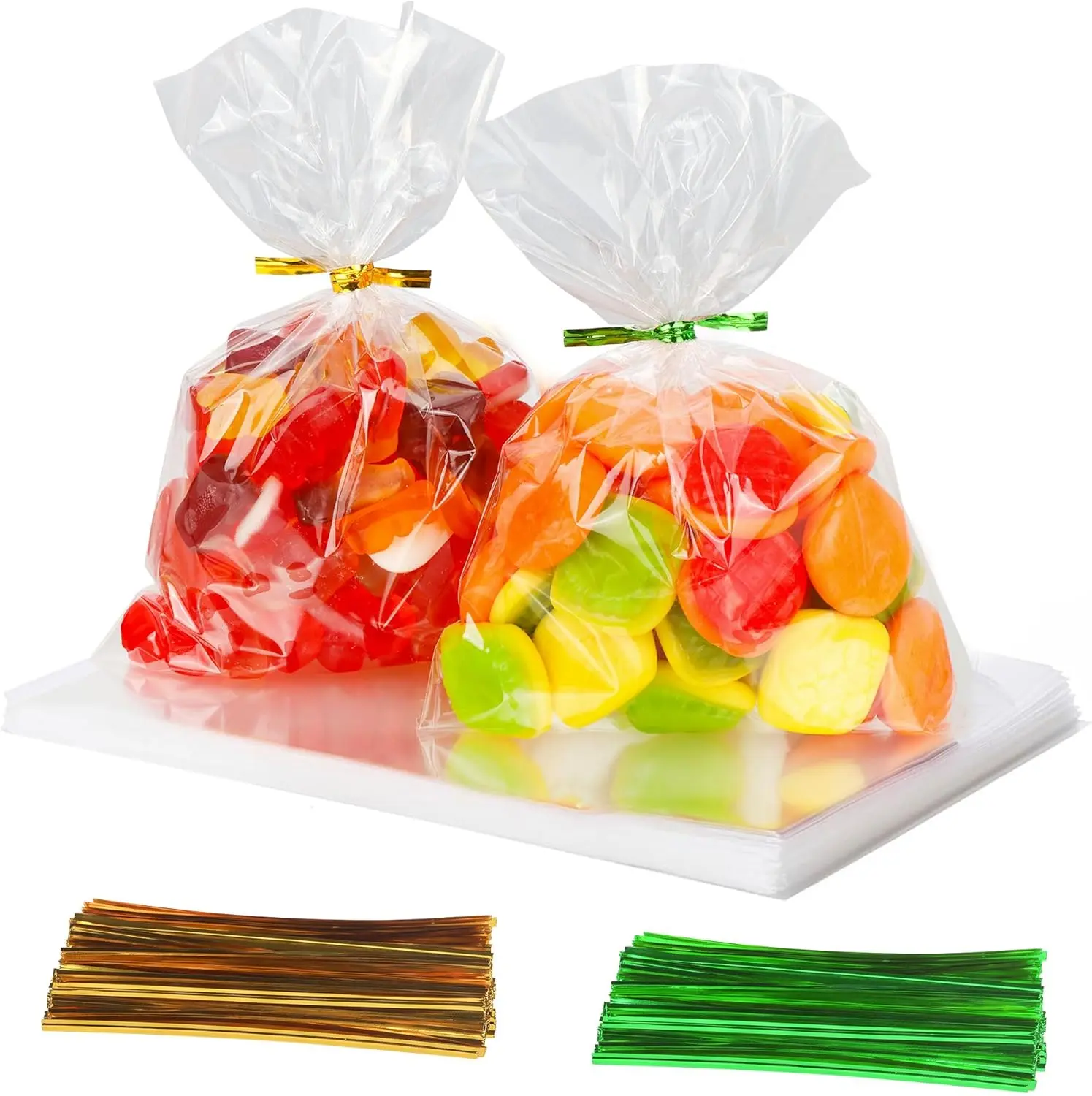 100Pack Clear Cellophane  Bags: 5x7 Inch Small Clear Plastic  Bags with 110  & Green Twist Ties for  Wrapping, Packaging Candy, Party Favors, Cookies, Snacks and Cotton Candy