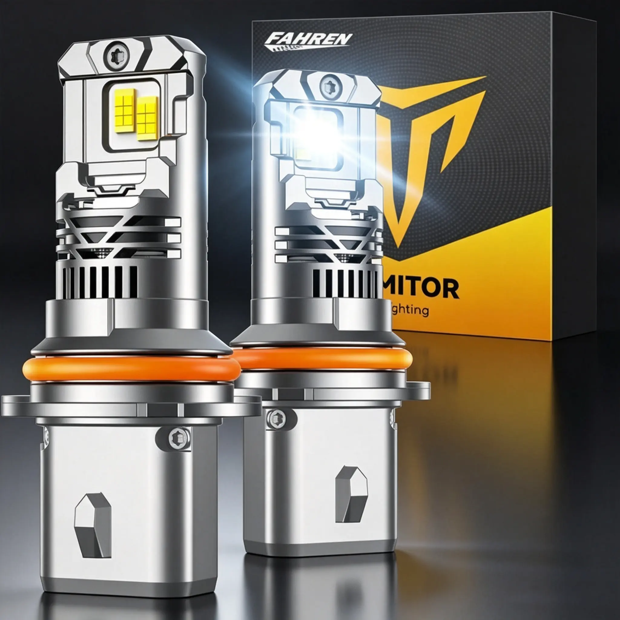 FAHREN 9007 HB5 LED Headlight & Fog Light Bulbs 2 Pack, 53000LM 1000% Increased Brightness, 65000K Cool White, 1:1 Real Stock‑Size with Efficient Cooling Fan, IP68 Waterproof, Non‑Polarity Plug and Play