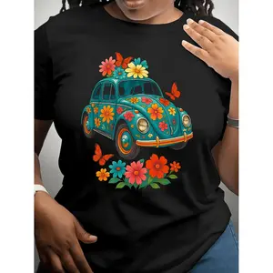 Elegant Vintage Turquoise Floral Tee for Women Soft Breathable Short Sleeve Blouse Perfect for Daily Casual and Party Wear Round Neck Machine Washable Seasonal Outfits