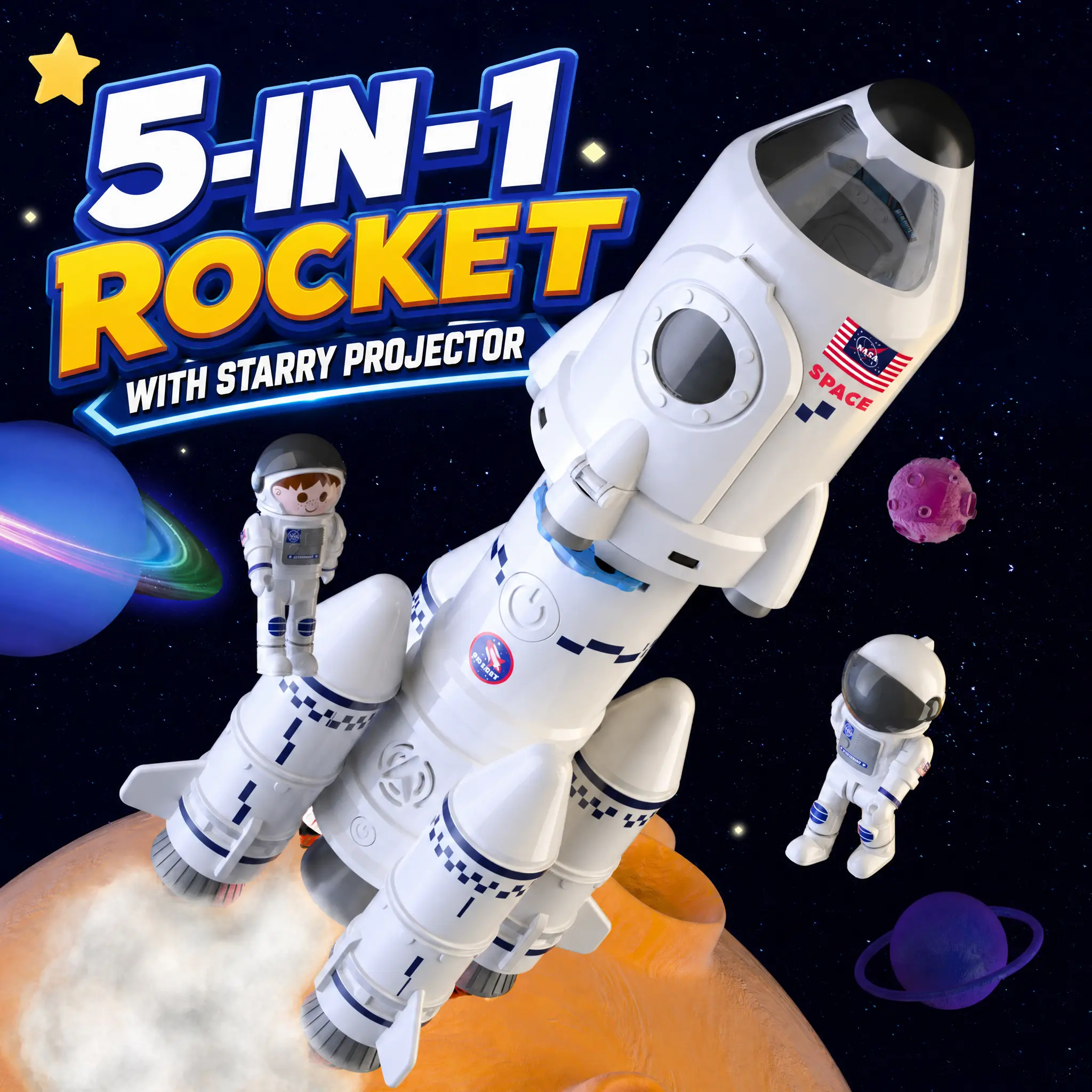 5-in-1 Detachable Rocket Ship Building Toy with Astronaut Figures, Starry Projector - STEM Space Set for 3-10, 4-6 Years Kids, Supports Children Development, Ideal Birthday Christmas Gift