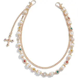 Layered Gold Silver Wallet Chains with Rhinestone Flower Pearl,Unisex Jean Pocket Chains for Men & Women,Fashion Punk Accessories for Bags,Wallets,Pants