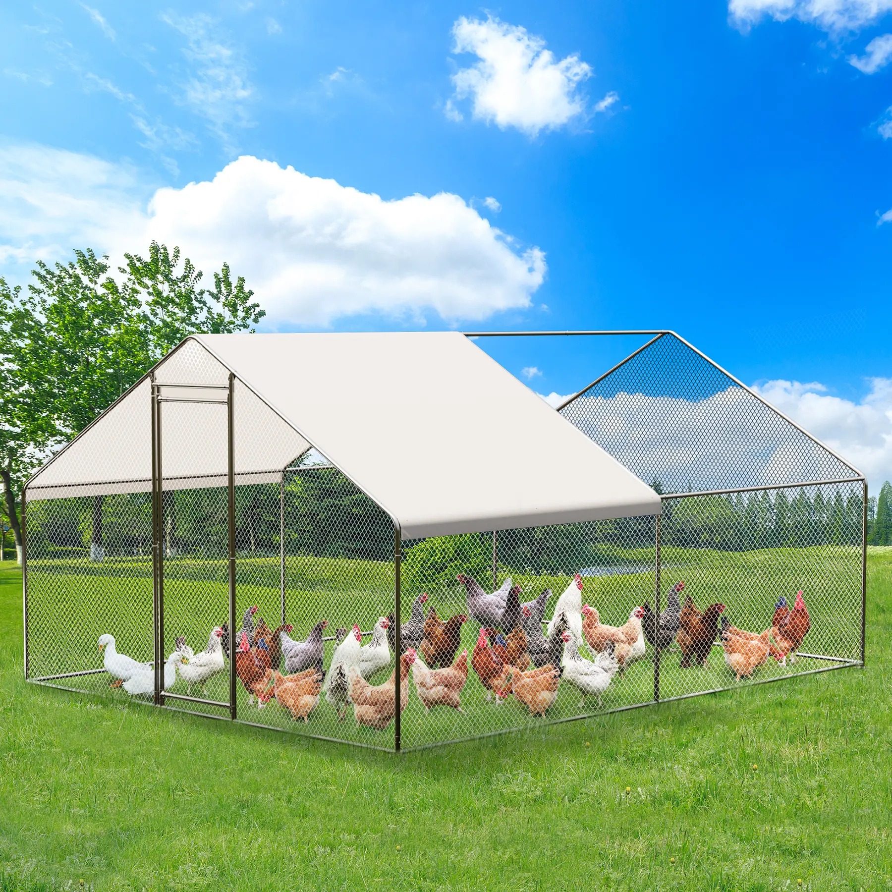 13FT Coated Metal-Frame Outdoor Chicken Cage Enclosure with 210D Oxford Cloth Waterproof UV-Protection Cover, Spacious Run, Lockable Door, Predator-Deterrent Wire Fence for Backyard Farm Poultry Supplies, Extra Security for Long-Term Use