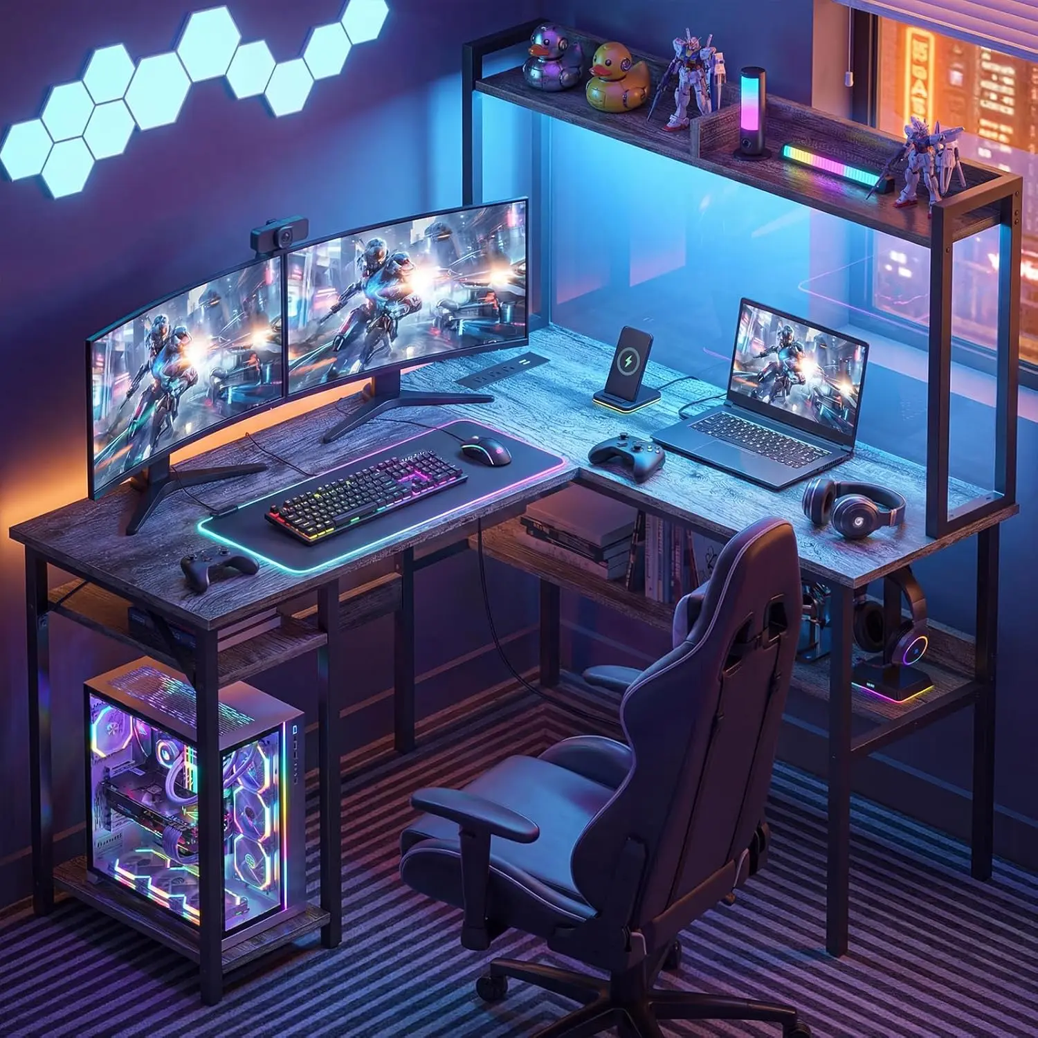 47'' Reversible L-Shaped Gaming Desk with LED Lights & Power Outlets, Corner Computer Desk with Tall Hutch & Storage Shelves ＆ Host Bracket