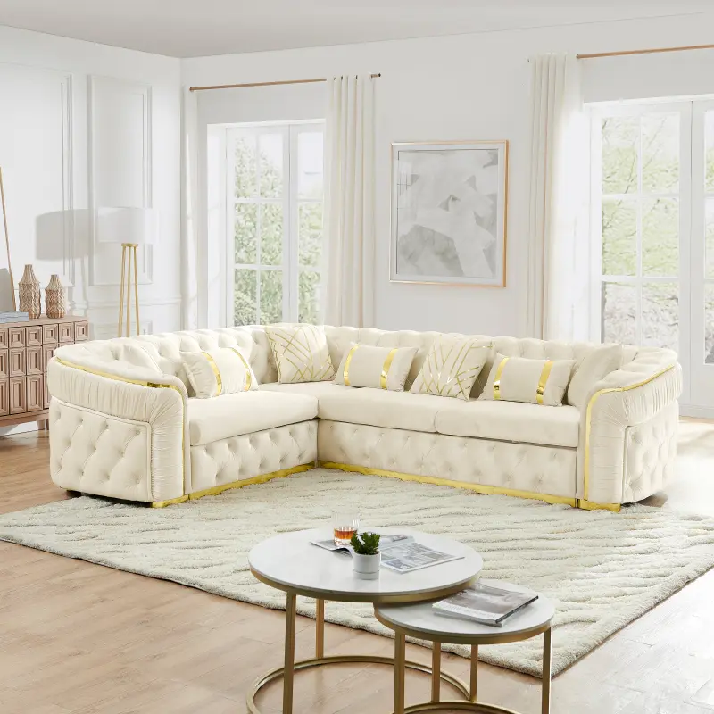 110.5" Luxury Italian Velvet L Shape Chesterfield Sofa with Glod Stainless Steel Decor, Oversize Curved Arm Button Tufted Sectional Couch for Living Room with 7 Pillows, Beige