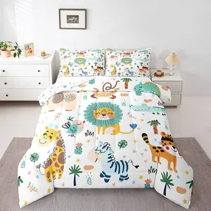 Feelyou Luxury Comforter Set - 3D Animal Print Cartoon Jungle Safari Zoo Bedding Set with Breathable Soft Blanket, Lion Tiger Monkey Giraffe Quilt