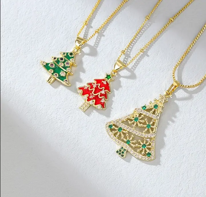 18K Gold Plated Christmas Tree Pendant Necklace with Cubic Zirconia for Women