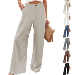 Tanming Women's High Waisted Wide Leg Linen Pants  Casual Button Up Cotton Trousers for Summer  Loose Comfy Beach Pants