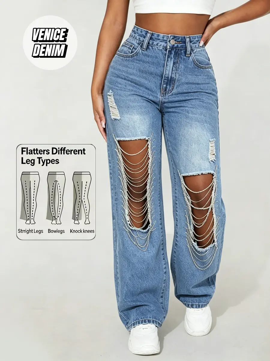 Women's High Waist Ripped Straight Leg Cropped Cotton Blend Jeans - Rhinestone Chain, Festival Statement Bottoms, Streetwear Clothes, Stretch Fabric, Comfortable Party Pants, All Seasons