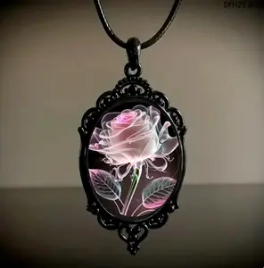 Craft Pink Transparent Petal Rose Pattern Glass Pendant Necklace For Women Daily Casual Wear Elegant Minimalist Accessory Delicate Lightweight Clavicle Chain Classic Floral Design Fashion Neck Decoration For Ladies Daily Dating Party Matching