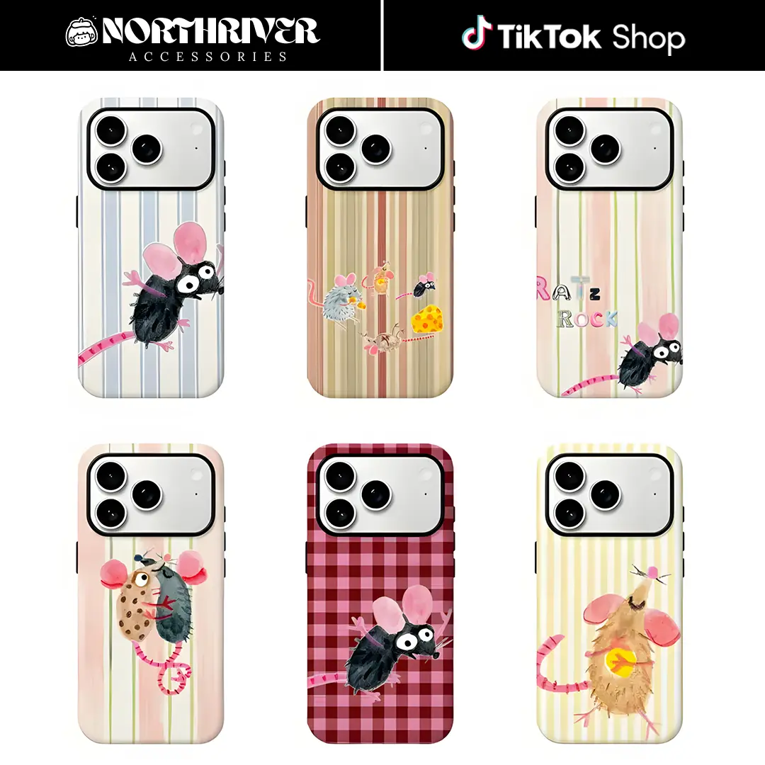 Cute Watercolor Mouse Striped Phone Case Funny Rat Cheese Cartoon Aesthetic Protective Cover, Gifts For Fans, Phone Accessories