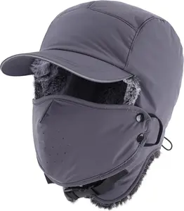 Waterproof Mens Faux Fur Trooper Trapper Hat Hunting Warm Winter Hat with Ear Flaps Visor Face Mask