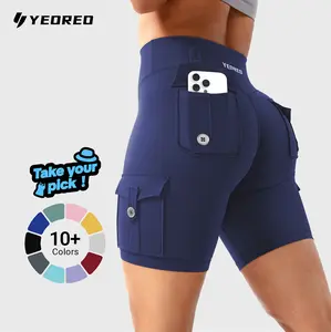 YEOREO CoreFlex Women's Workout Biker Shorts with Cargo Pockets Hidden Scrunch High Waisted 8" Inseam Gym Shorts for Summer Squat-Proof & Comfortable Fit
