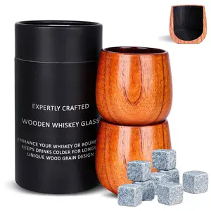 Charred Wooden Whiskey Glass Set (2 Pack) – Burnt-Interior Bourbon Tumblers with 8 Whiskey Stones & Storage Bag – Unique Gift for Dad, Men & Whiskey Lovers
