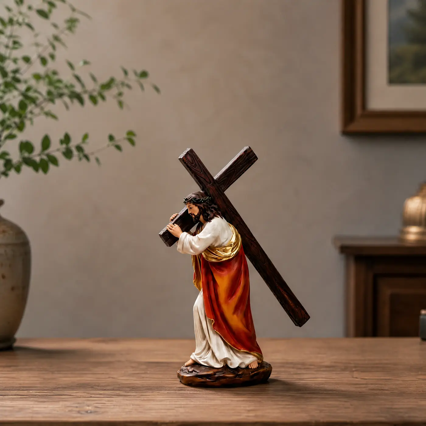 Hand-Painted Jesus Bearing Cross Resin Statue, Meaningful Christian Faith Decor