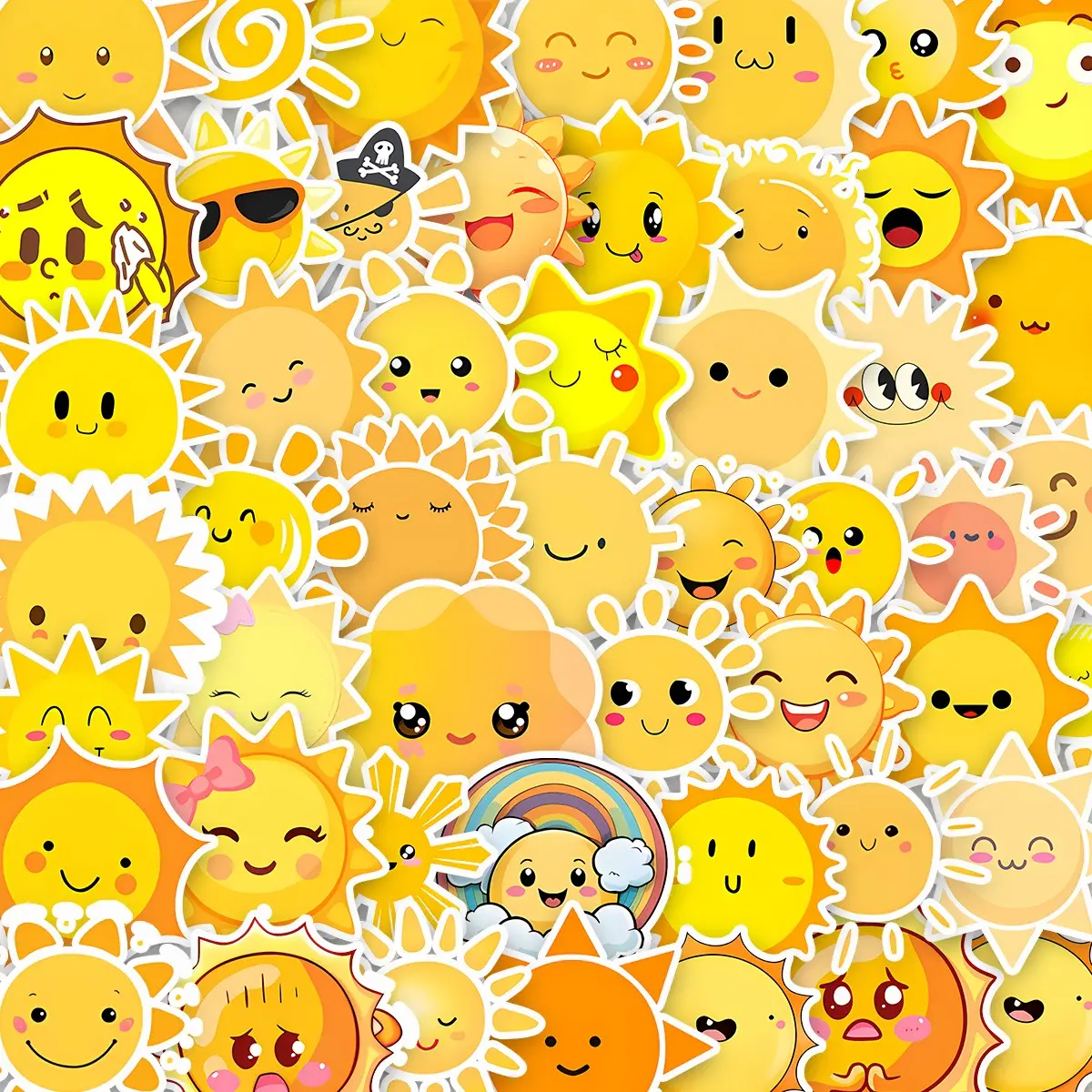 50Pcs Sunshine Smile Stickers Pack, Waterproof Cute Happy Sun Face & Positive Aesthetic Vinyl Decals for Laptop, Water Bottle, Journal & Scrapbook, Scrapbook Accessories, Cheerful Lover Gift