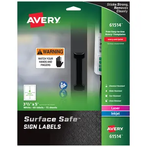 Avery Removable Label Safety Signs, 3-1/2" x 5", Printable, Water/Chemical Resistant, 60 Labels (61514)