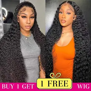 [Combo sale 28"&22"] buy 1 get 2 wig" 28Inch 13x4 Deep Wave Hair Lace Front Wigs + 5x5 22Inch Body wave 4/27 Human Hair Hair Pre Plucked HD Transparent Lace Frontal Human Hair Wigs 180% Density Black Fabric Hair Elastic