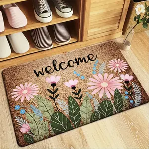 "Welcome" Pink Floral Doormat, Doormat With Flowers, Natural Coir Background with Pink Daisies & Green Foliage, Non-Slip Backing. Absorbs Dirt & Moisture, Easy to Clean. Perfect for Farmhouse & Cottage Entryway Decor