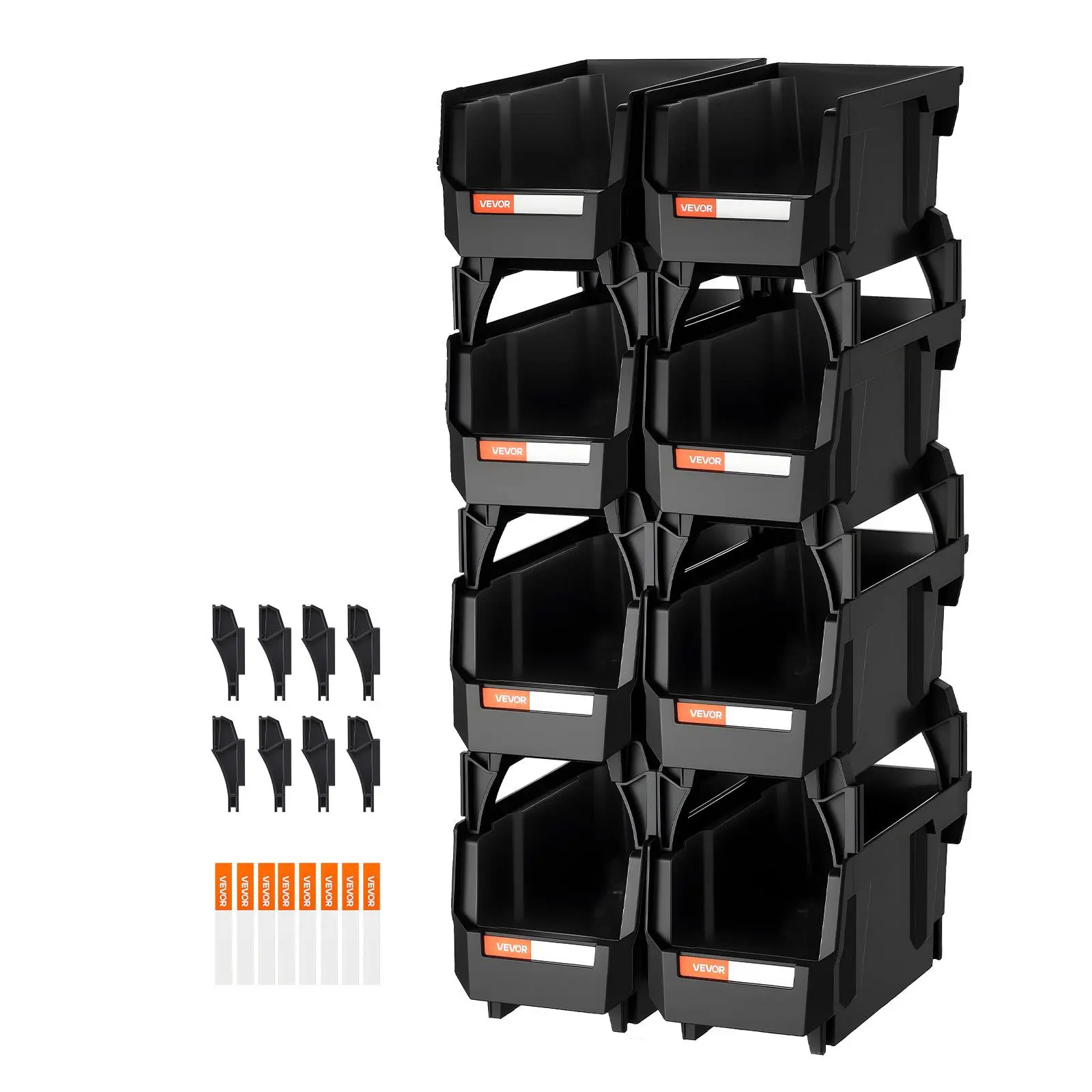 VEVOR Plastic Stackable Storage Boxes with Label Stickers, 8-Pack 10.9x5.5x5.1in Durable Organizer Bins for Indoor Closet Organization, Craft Rooms, Office Supplies & Small Parts (Wall-Attachable, Black), Durable Design