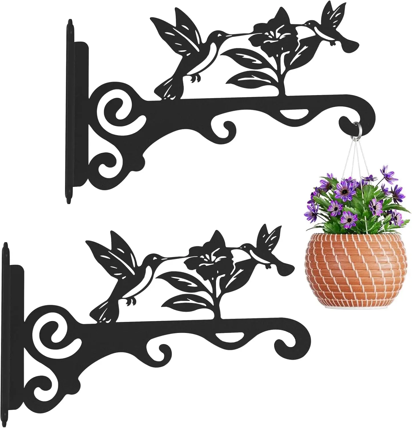 Black 2-Pack 10 in Heavy Duty Rust-Resist Metal Wall Mount Hooks with Bird Motif - Durable Black Accents, Outdoor Hanging Brackets for Balcony Decor, Hanging Baskets, Wind Chimes, Gardening Enthusiasts Gift
