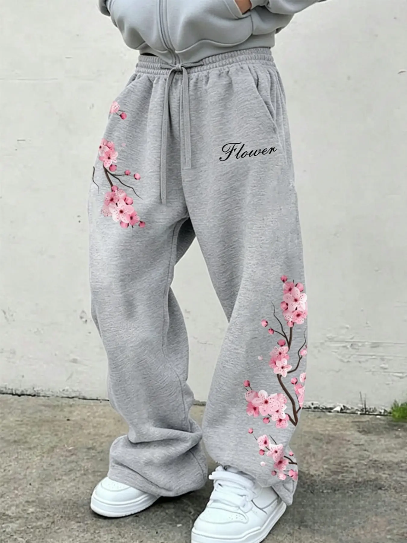 Unisex Gray Baggy Sweatpants with Cherry Blossom & "Flower" Print American Fresh Streetwear Wide Leg Pants Bottoms