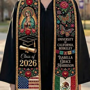 Personalized Virgin of Guadalupe Graduation Stole, Custom Mexico USA Flag Grad Sash 2026, Monarch Butterfly Floral Latina University Gift