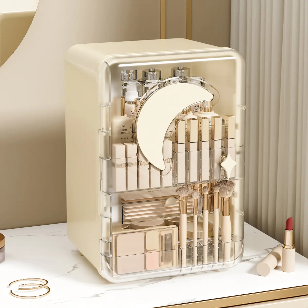 Moon Pattern Cosmetics & Skincare Organizer with Lid and Drawers, Vanity Display Case for Daily Use