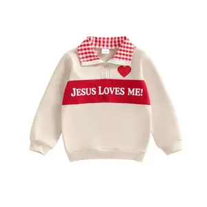 Kupretty Toddler Baby Boys Spring Sweatshirt Long Sleeve Plaid Lapel Zip Pullover Jesus Loves Me Print Heart Embroidery Tops Sweatshirt