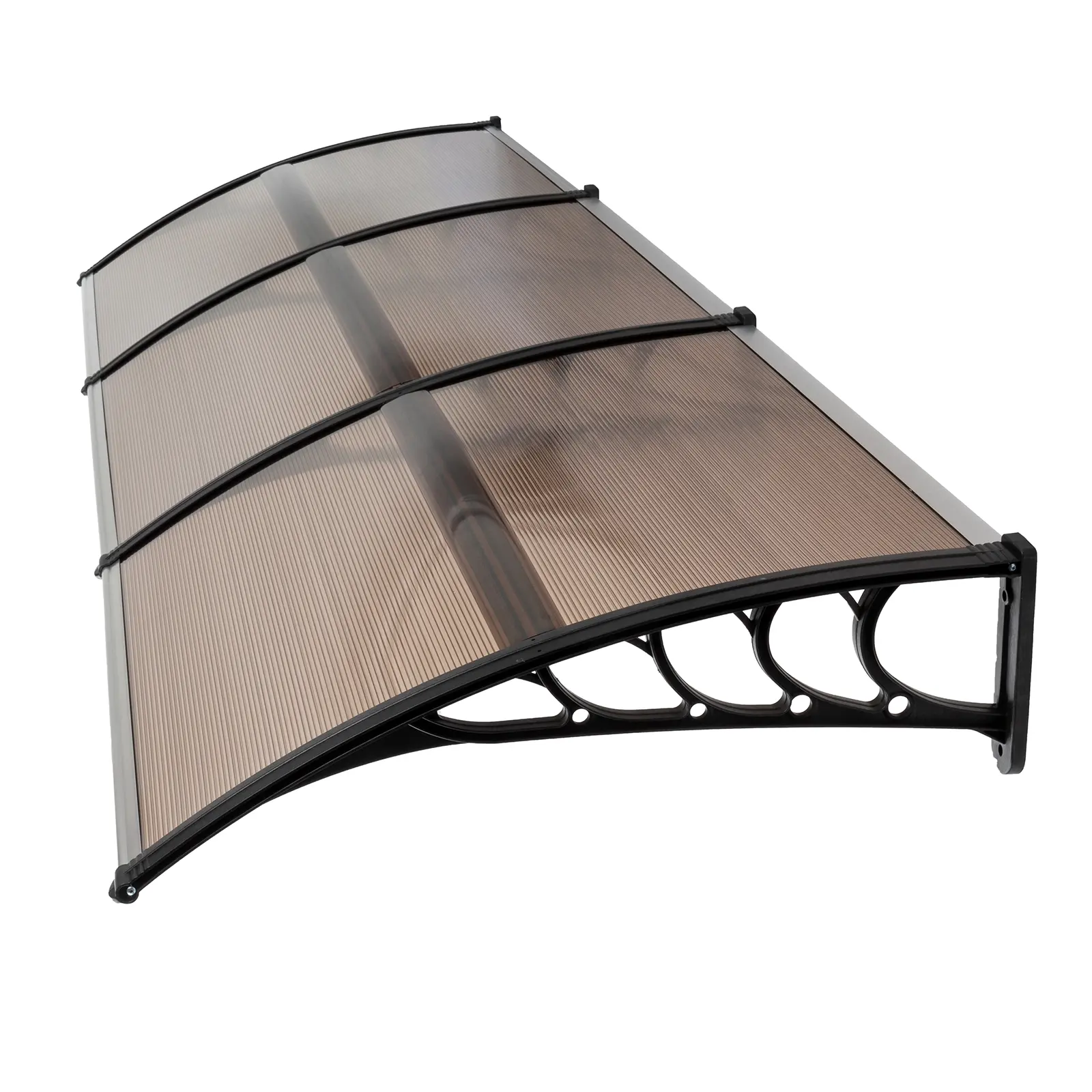 Brown 120×38in Household Door Window Awning - 5mm Polycarbonate Hollow Board, Black ABS Brackets, Front & Rear Aluminum Fixing Bars, Curved Top, Rain-UV Proof, DIY Install, Assembly Required, 120×38 In, Bedroom Windows
