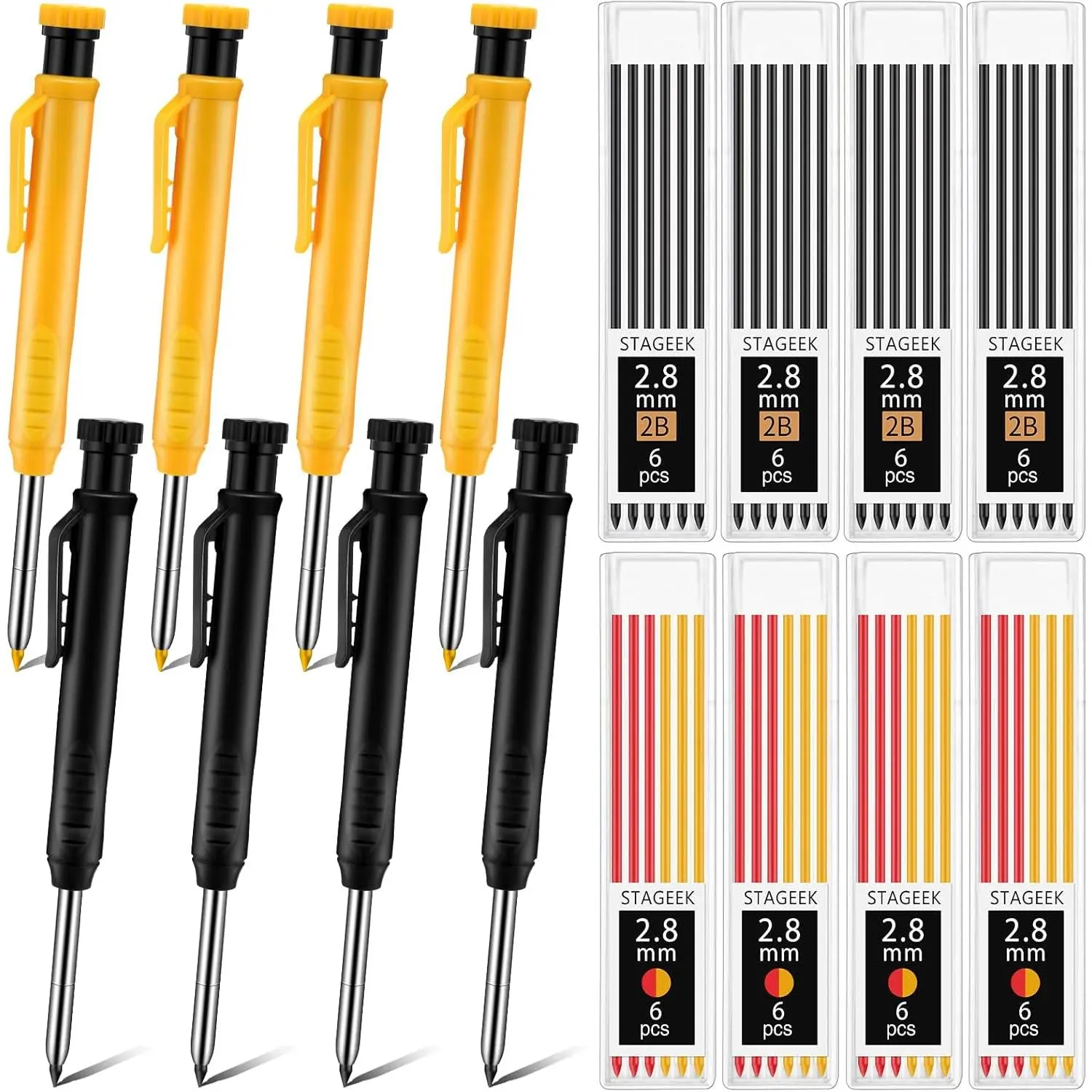 Ergonomic Mechanical Pencils (8-Pack, 2.8 mm) with Built-in Sharpener, Grip Groove, Metal-Plastic Body, 48 Refills, Long Nib Deep Hole Marker, Heavy-Duty for Woodworking & Construction (Black+Yellow) – Ideal for Sketching, Rendering