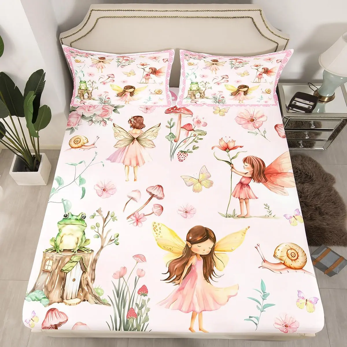 Dreamy Fairy Bedding Set,Pink Floral Garden Fitted Sheet Mushroom and Frog Bed Set,Kawaii Flower Butterfly Bed Sheets Room Decor (No Flat Sheet)