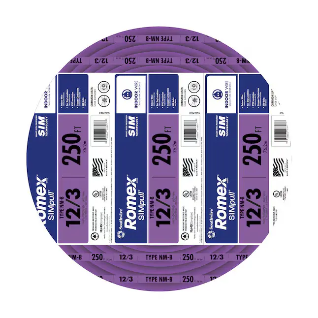 Southwire 63947855 Romex Non-Metallic Building Cable - 250 ft, 12 Gauge, 3 Conductors, Purple, Above Ground, Branch Circuit for Switches & Outlets, Patented SIMpull Coated Jacket