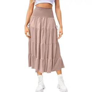 Women's Casual Waist Cinched Long Wrinkled Texture Western Multi-layer Vacation Casual Daily Midi Skirt Elegant Directional, Solid Color Long Skirt with Large Pockets, popular high-waisted slimming A-line skirt that conceals the hips