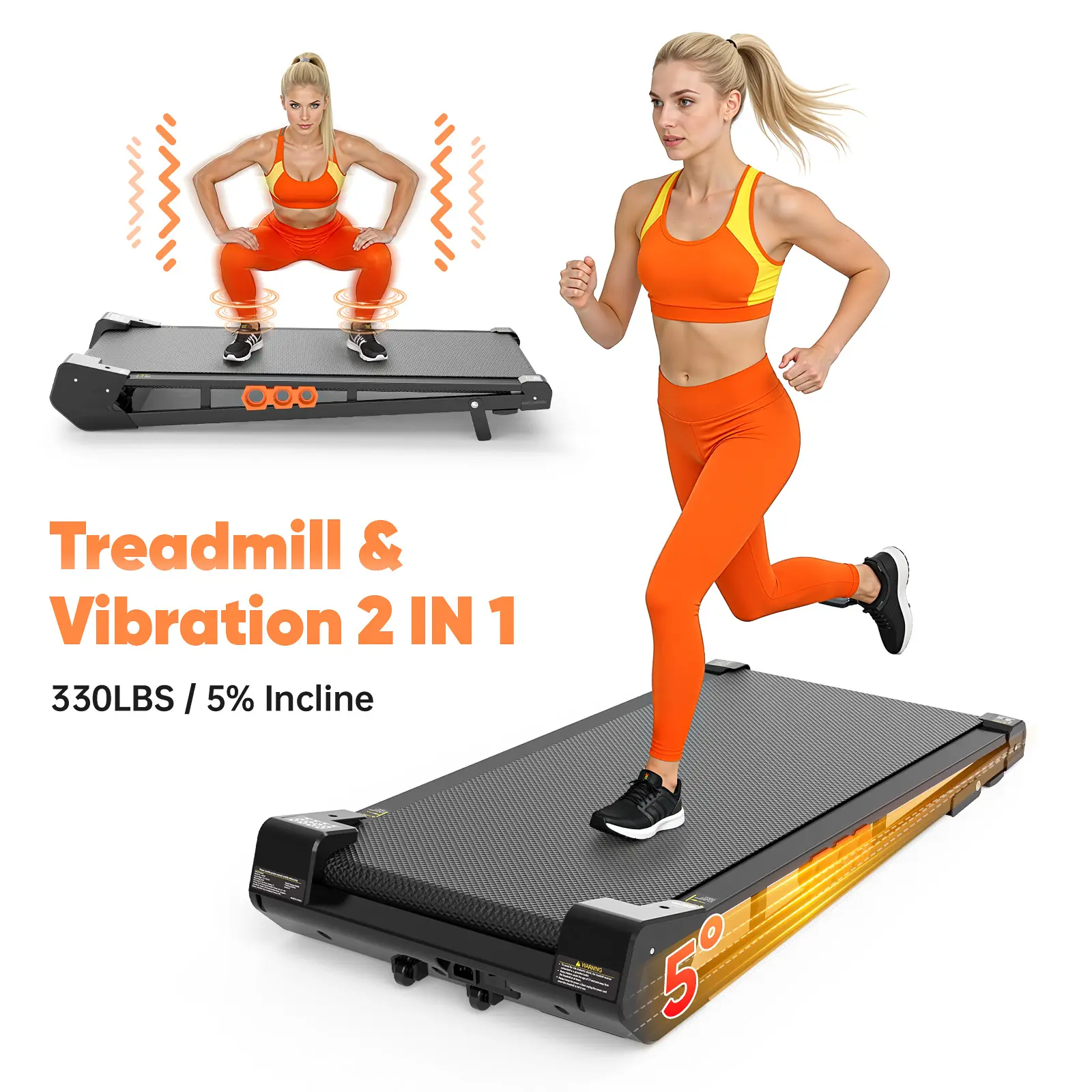 【Brushless Motor 5%Incline】SummerVibes Treadmill&Vibration 2 IN 1 with Blushless Motor  5% manual incline,maximum weight up to 330lb,large-area rubber running belt,Top speed reaches 4MPH ,Remote Control for Remote Adjustment