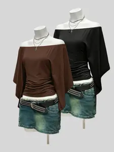 Elegant Off-Shoulder Flared Sleeve Women's T-Shirt Set, Casual Fitted Two-Piece, All Seasons Fashion, Solid Pattern Top, Womenswear