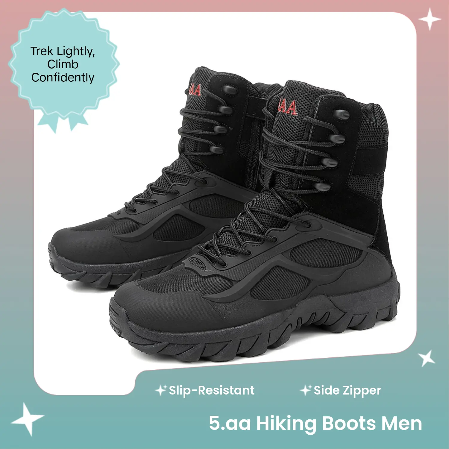 5.AA Men's Tactical Hiking Boot, Lightweight All-Terrain High-Top Hiking Style Shoes with Side Zipper, Slip-Resistant for Trekking & Camping, Trekking Camping Shoes, Rubber, Male, Rock Climbing, Synthetic, Mountaineering