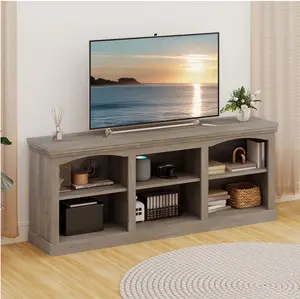 TV Stand for 80 Inches TV, Farmhouse Entertainment Center with Adjustable Shelf & Storage Cabinets, Washed Gray