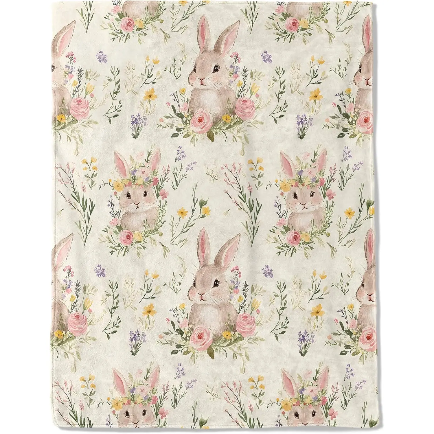 A Cute Rabbit Wool Blanket - Lightweight, Soft, and Comfortable, Suitable for Animal Lovers, Children, and Women. This Rabbit and Flower Cream-colored Blanket Is Perfect for Home Decor with A Modern Farmhouse Bohemian Style