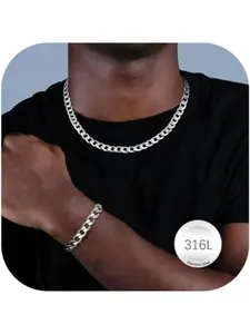 Men Sturdy Cuban Chain Necklace Bracelet Set 5/9mm Width, 18" 20" 22" Length, Silver Tone 316L Stainless Steel Mens Chain Necklace Bracelet for Boy Hip Hop Jewelry Men's Jewellery