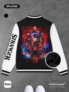 Stranger Things The Final Adventure Graphic, Varsity Jacket, Loose Fit Jacket, Long Sleeve, Fitted Design, Casual Warm and Breathable, Suitable for Outdoor or Home Wear, Loungewear Top