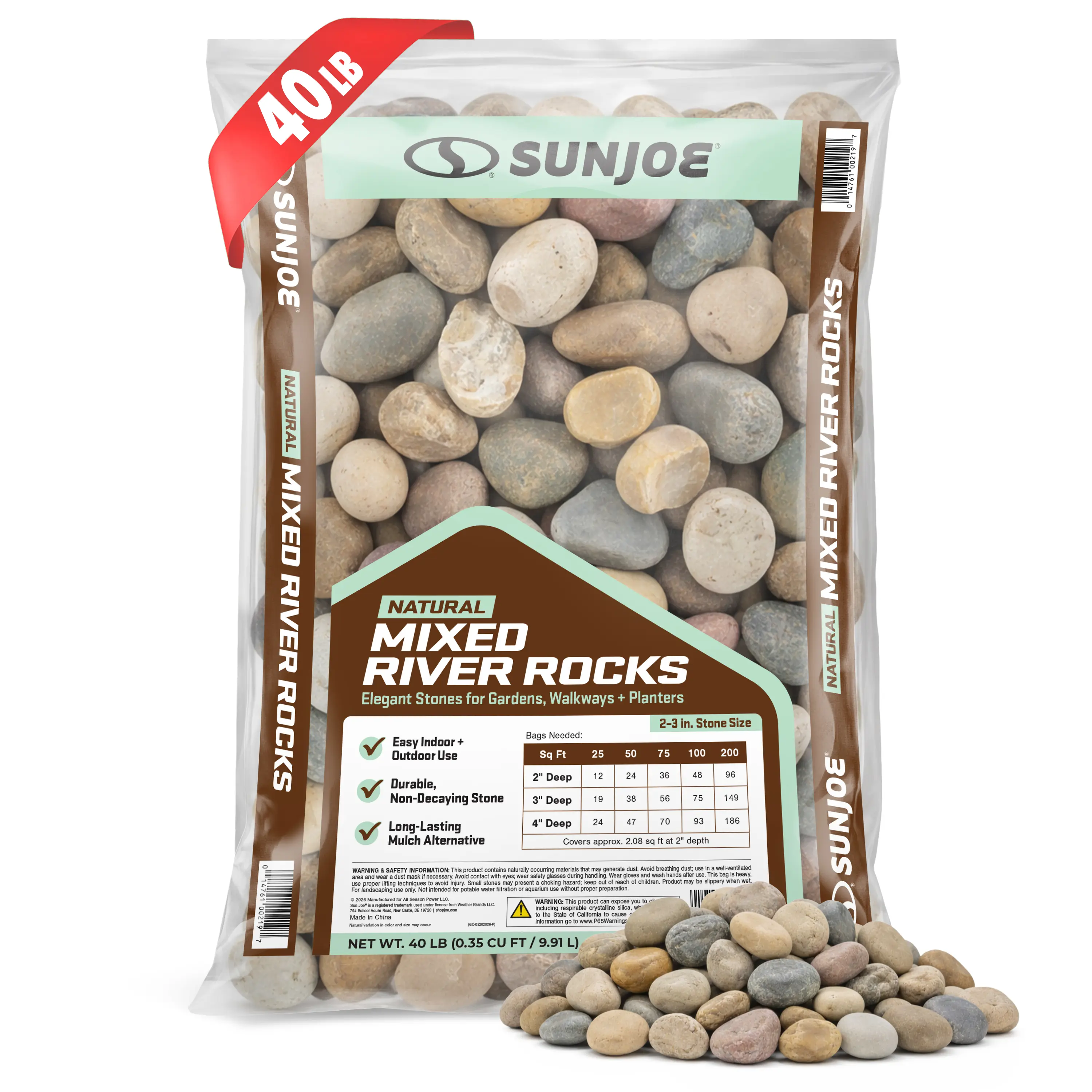 Sun Joe Natural Mixed Decorative River Rocks | 2-3 In. Stone Size