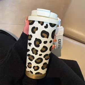 18oz Leopard Print Stainless Steel Insulated Cup Tumbler with Strap, Leak-Proof Durable Design, Straight Sipper & Straw, Perfect Gift