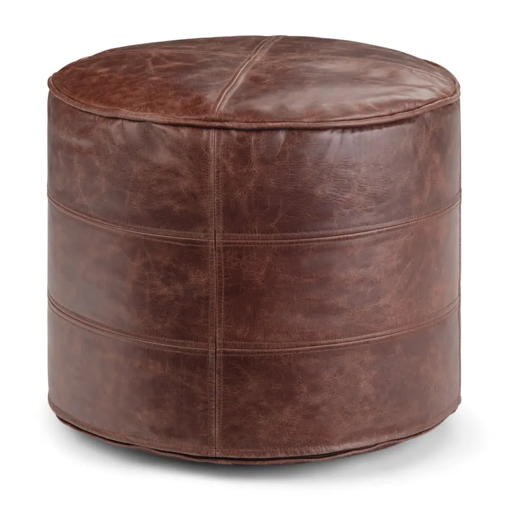 360 stand Top Grain Brown Leather Round Pouf Ottoman Upholstered Stool, 14x18x18 in Polystyrene-Filled Indoor Furniture (Model 638571), Foot Rest Stools