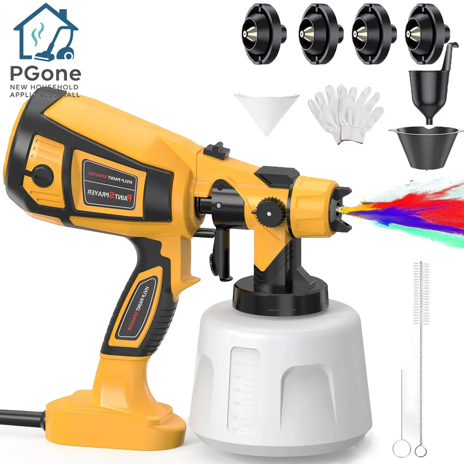 HVLP portable 850W electric paint spray gun with four nozzles,adjustable spray width and flow,ten accessories included,and a large 1000ml container.Suitable for furniture,walls,fences,wood, DIY home decoration, events and holidays
