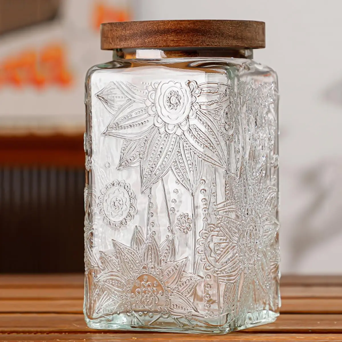 Arthink 33.8oz Vintage Glass Canister Storage Jar with Airtight Wooden Lid for Kitchen Counter Pantry Coffee Tea Sugar Cookie Jars Transparent Borosil
