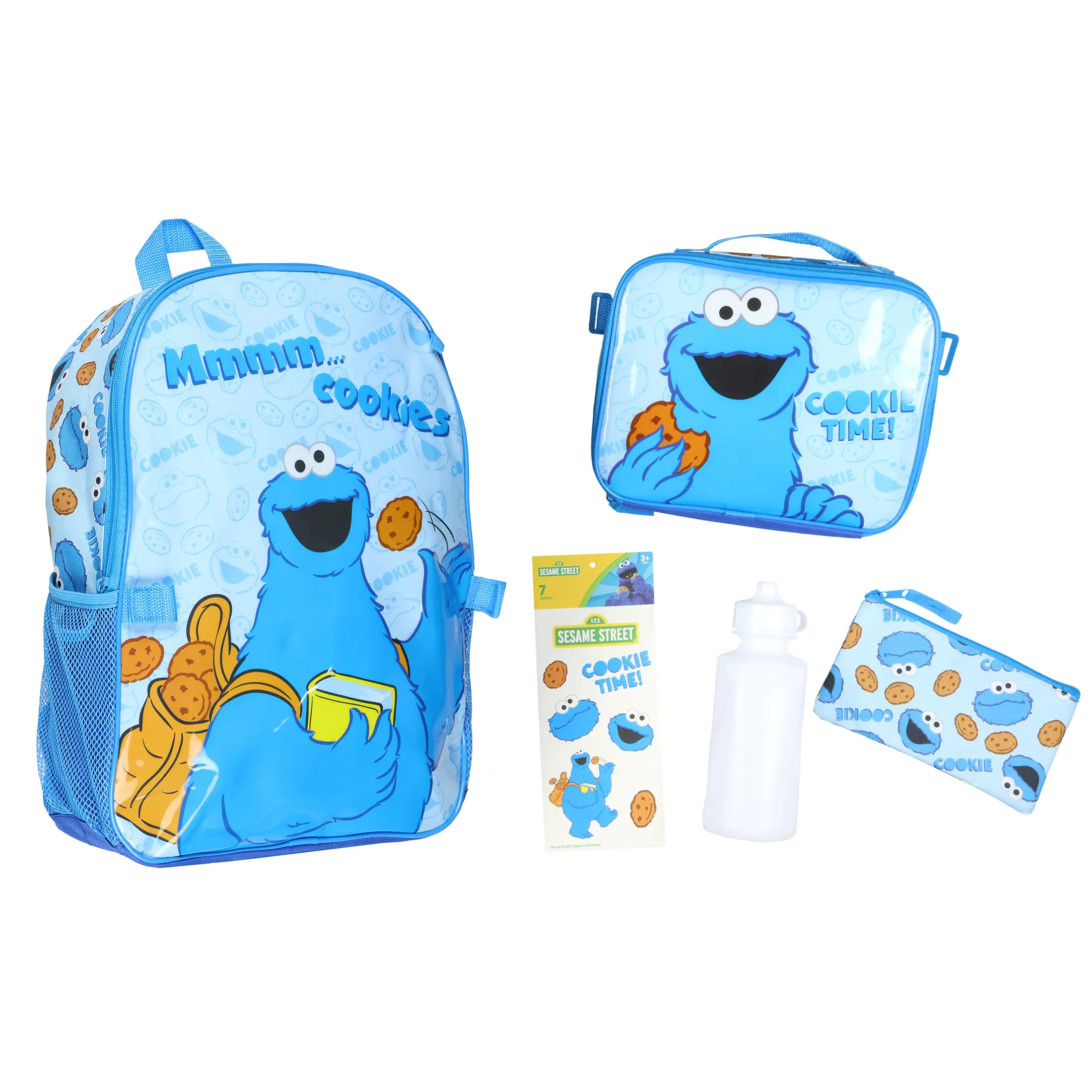 PJammy Kids Backpack, 16 Inch Sesame Street Cookie Monster 5-Piece School Set with Insulated Box, Water Bottle, and Pencil Case