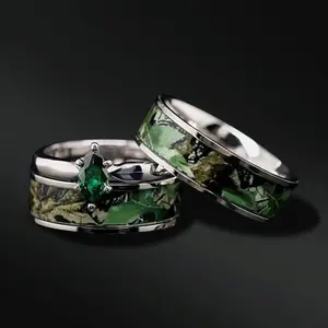 His and Hers Green Camo Ring Set Marquis Engagement Ring
