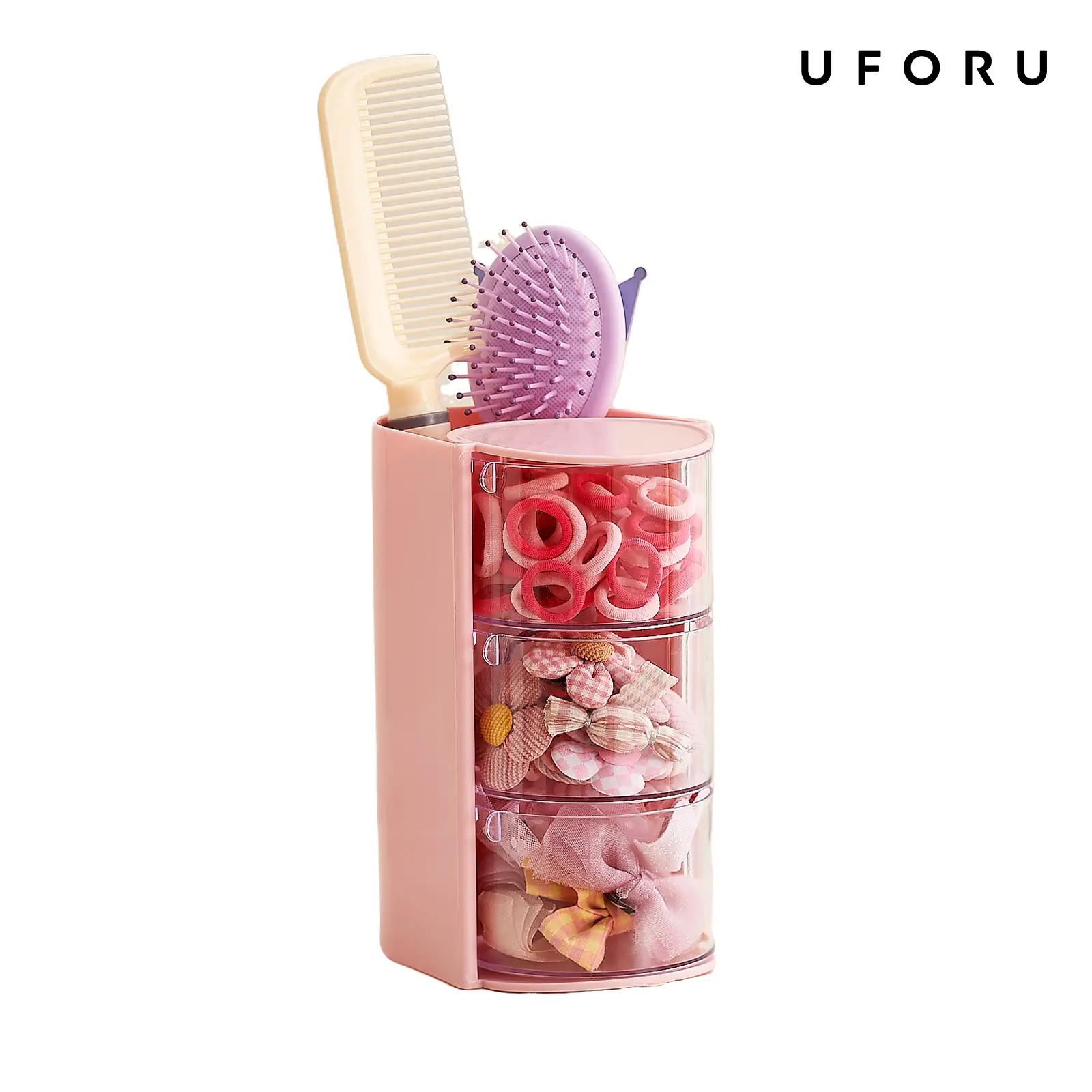 UFORU Kids Hair Accessories Organizer, Pink Rotatable Storage Box with Clear Drawers and Brush Holder, Cute Vanity Organizer for Hair Ties, Clips, Bows, Combs and Small Jewelry#SummerWins