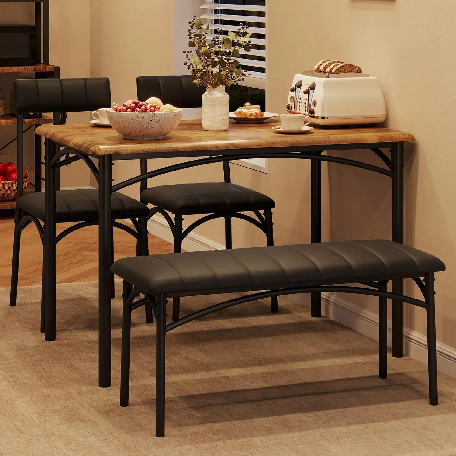 Dining Table Set for 4, Rectangular Kitchen Table with Upholstered Bench & Chairs, 4-Piece Dining Furniture Perfect for Small Spaces & Apartments, Dining Table Set Of 4