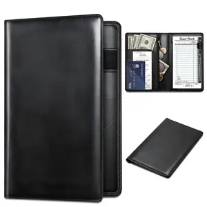 Black Leather Server Book - Waitstaff Personal Organizer Wallet with Zipper Pocket, Card Holder, 8.0x5.1in Guest Check Pad for Office Stationery Desk Organization, Personal Organizers
